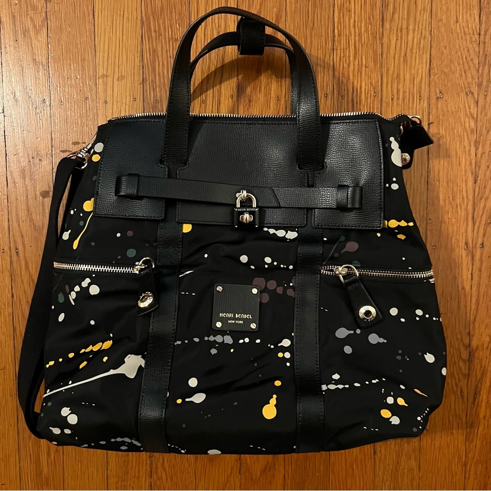 Henri Bendel Jetsetter convertible backpack splatter black EUC bag purse